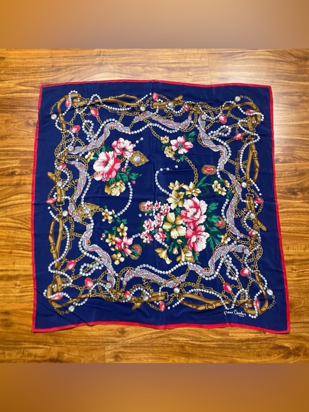 Vintage Womens Pierre Cardin Paris Floral Chainlink Pure Silk Scarf Luxury Glam